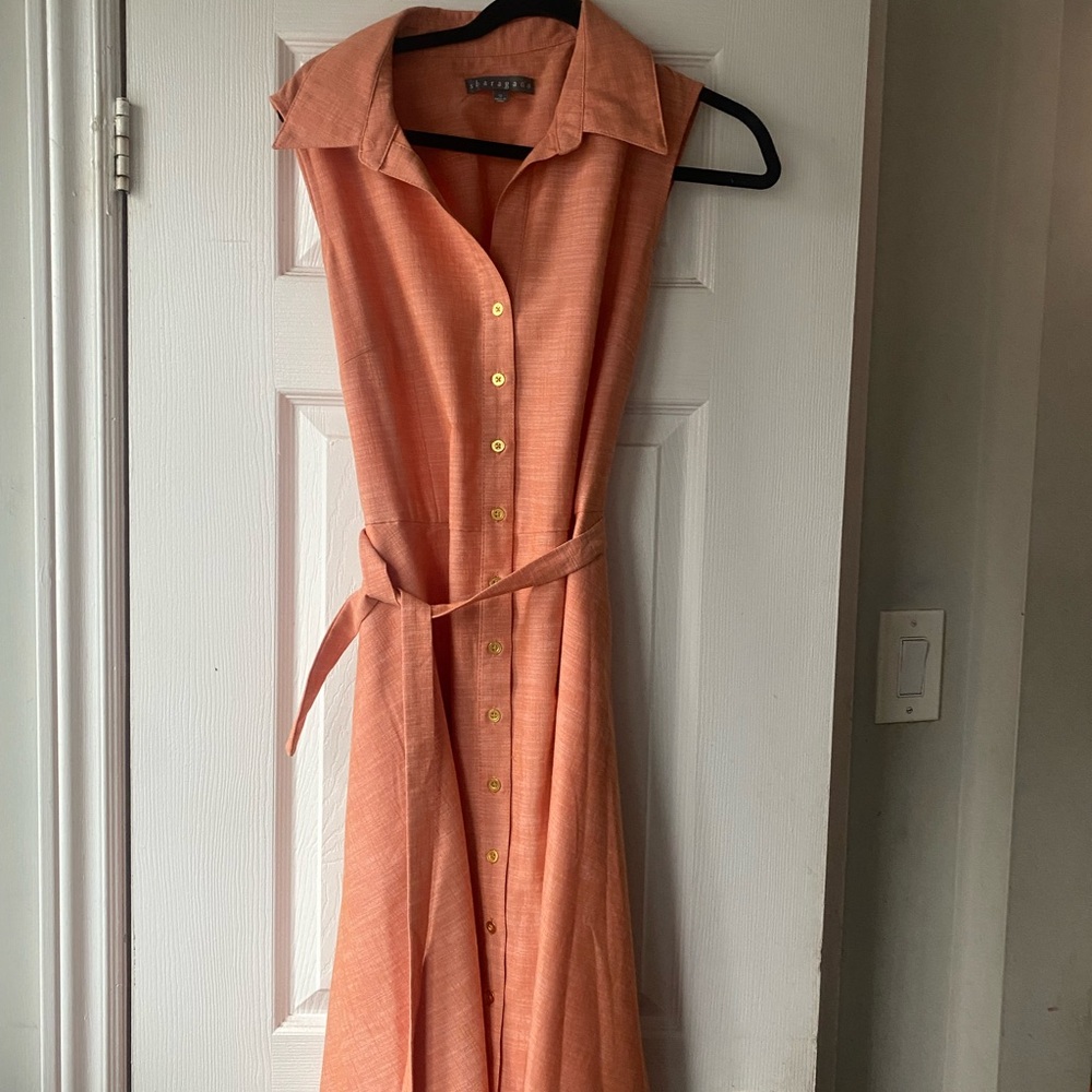 Sharagano peach a line shirt dress, 12, belted, front pockets, classic style